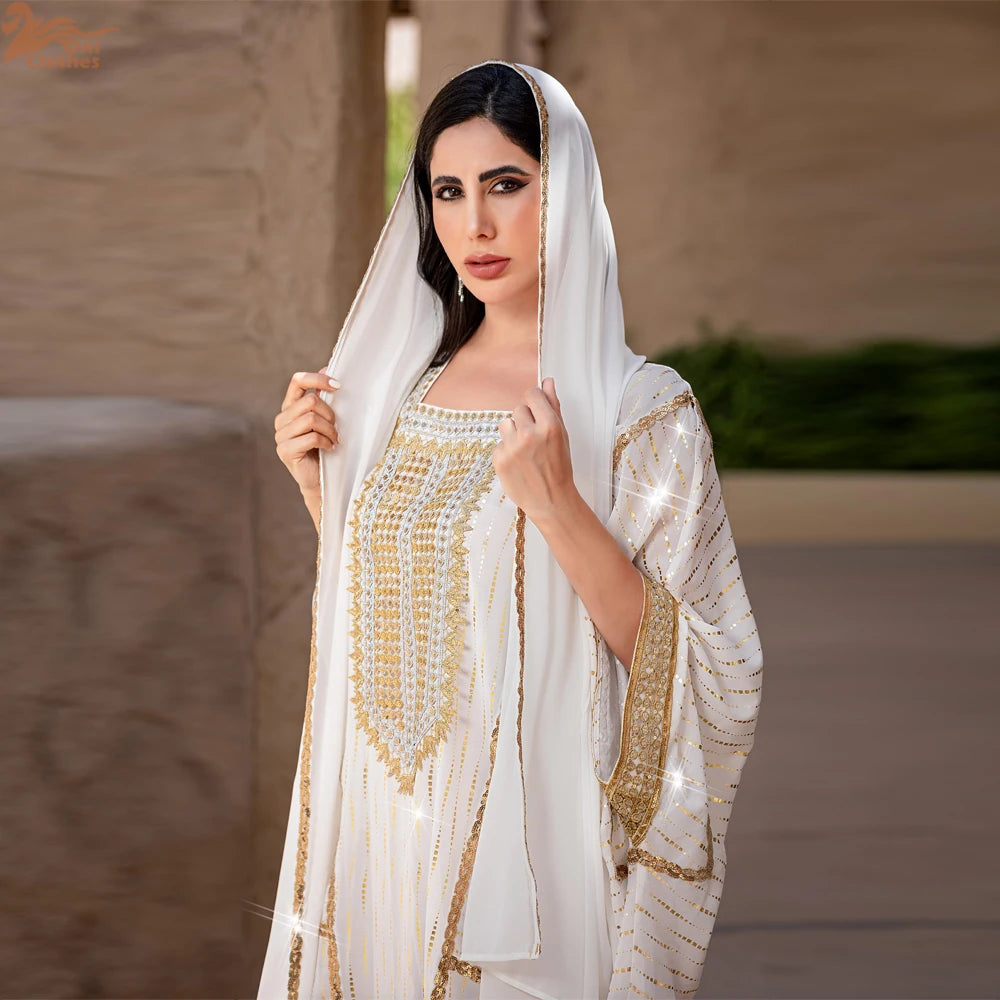 Uni Muslim Women's Gold Sequins Abaya Dress 2025 Bat Sleeve Kaftan Jalabiya for Ramadan Eid Party Islamic Evening Wear