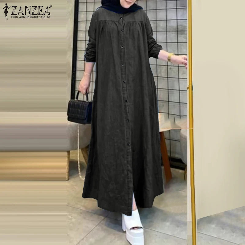 ZANZEA Ramadan Hijab Dresses Muslim Abaya Robe Femme Casual Long Sleeve Kaftan IsIamic Vestidos Women Denim Blue Maxi Dress 2025