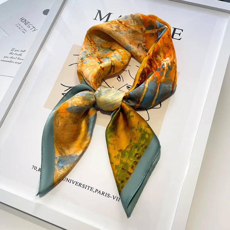 Handkerchiefs Hair Silk Scarf 70*70cm Print Satin Big Square Silk Scarves Shawls For Women Luxury Brand Designer Hijab Headband