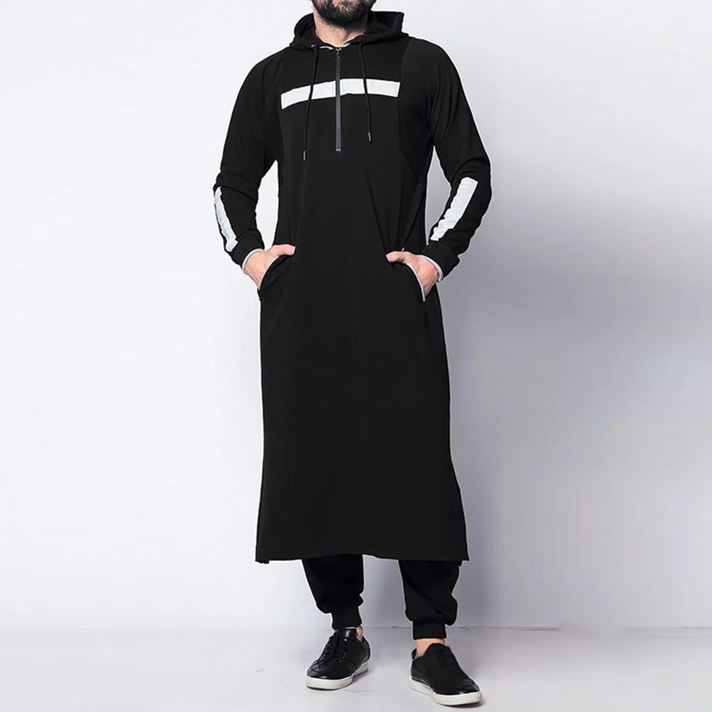 Mens Tops Muslim Middle Eastern Islamic Arabic Clothing Loose Striped Long Sleeve Drawstring Pockets Full Length Hooded Robe