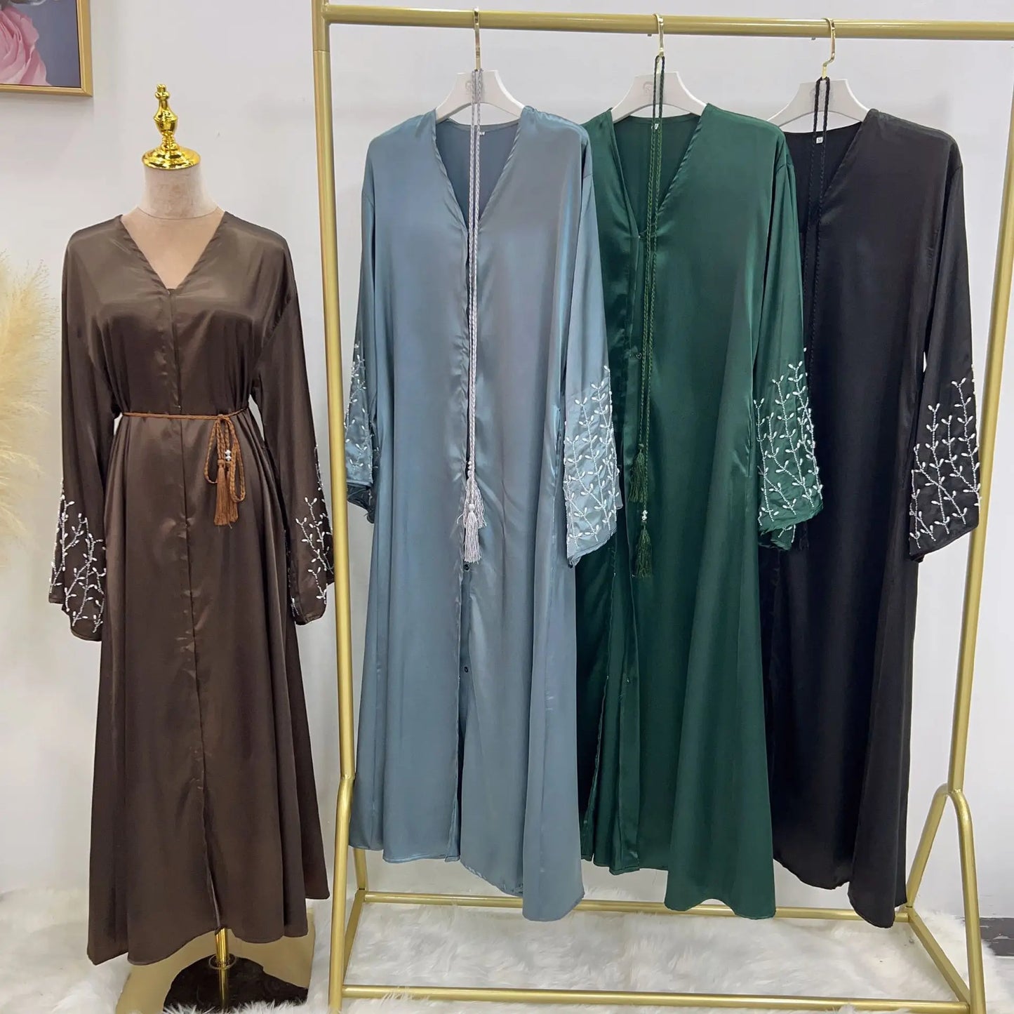 Kimono Abaya Dubai Party Kaftan Solid Beaded Muslim Fashion Hijab Dress Summer Open Abayas for Women Turkey Islam Modest Outfit