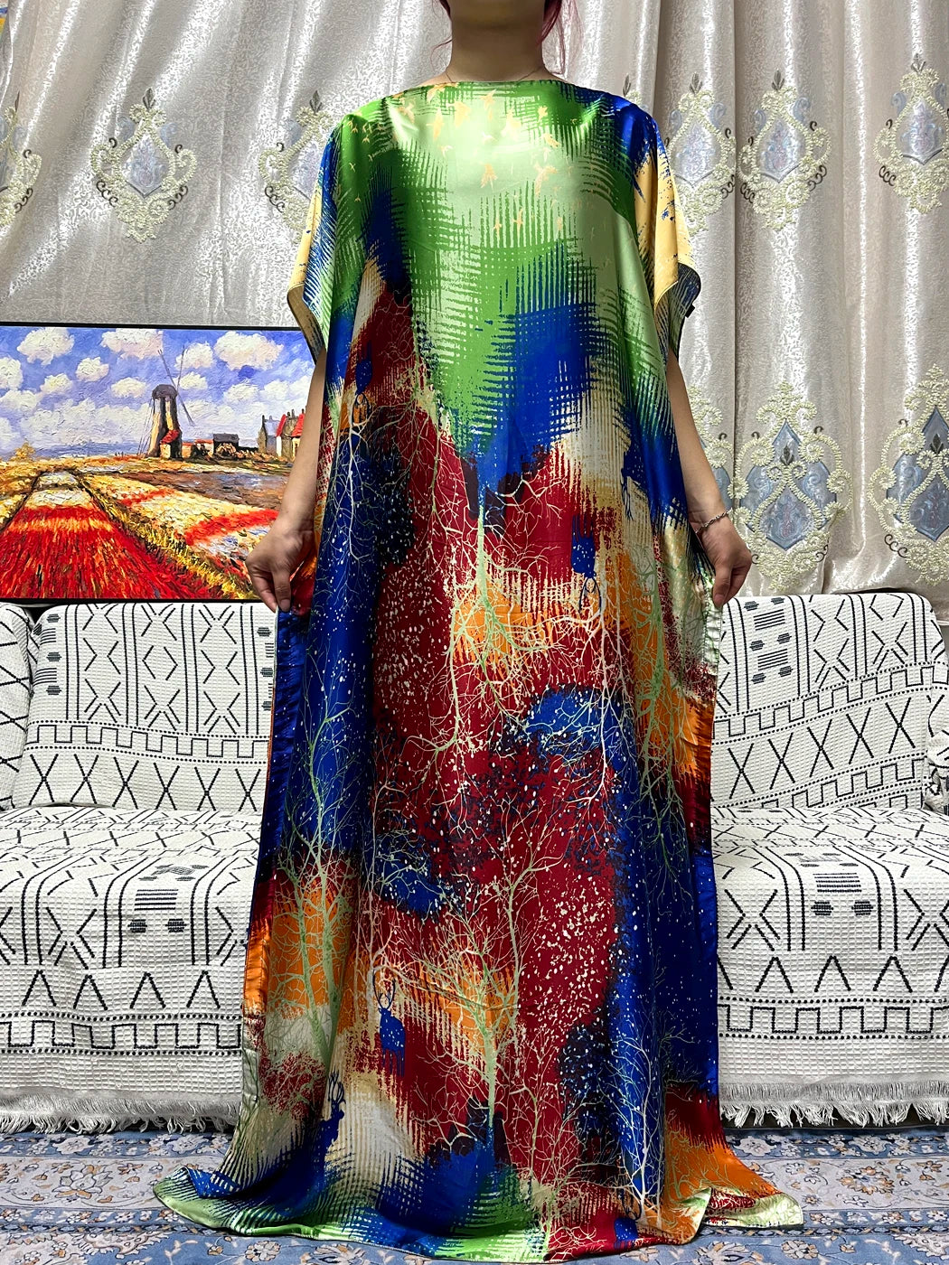 Abayas For Women 2023 Printed Silk Soft Loose Femme Robe Muslim Summer Fashion Clothing African Islam Woman Dresses With Turban