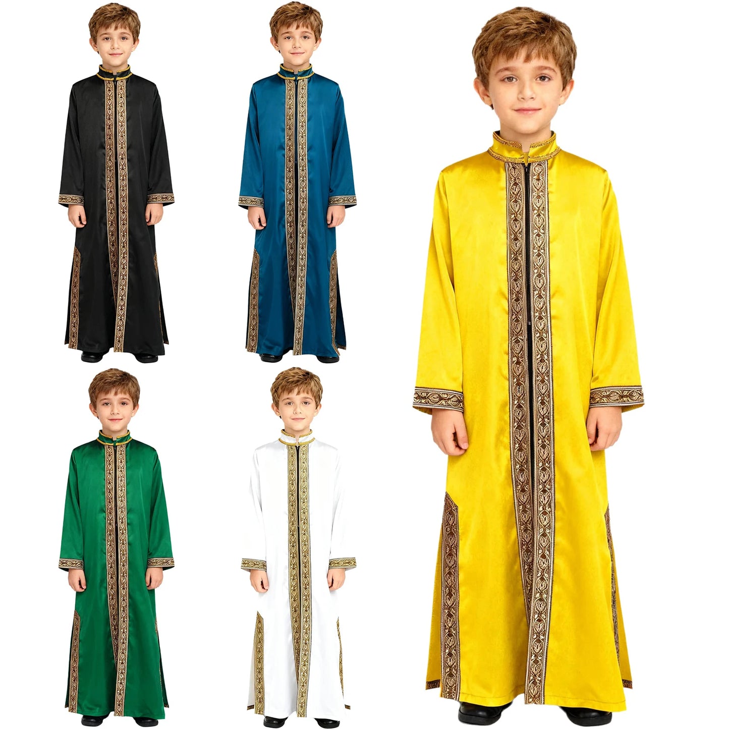 Boys Gold Embroidery Maxi Muslim Thobe Kaftans Arab Gown Islamic Robe Cosplay Long Sleeves Coats Festival Holiday Costume