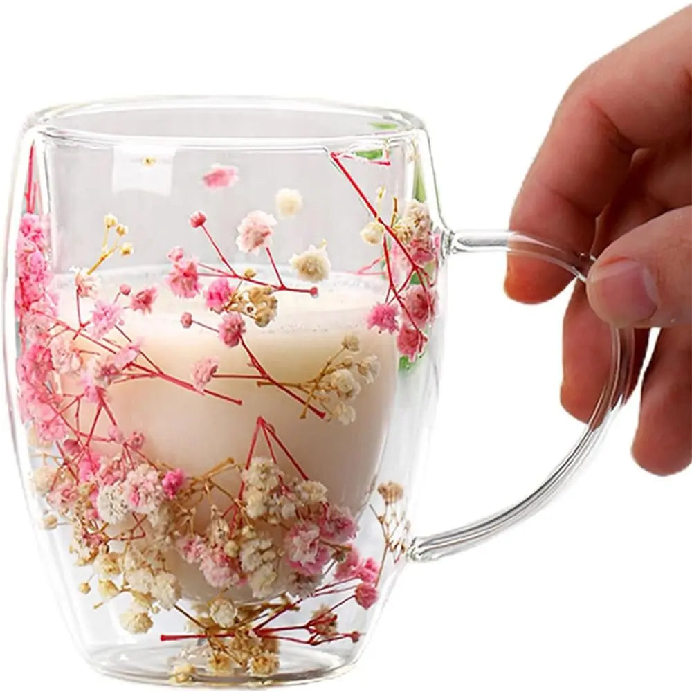 Elegant Full Sky Star Double Layer Glass Cup with Handle 350ml Dried Flowers Glass Mugs Heat Resistant  Coffee Mug Flower Cup