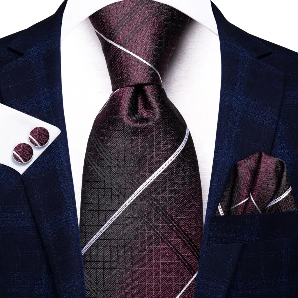 Hi-Tie Men Fashion Striped Navy Blue Necktie Handkerchief Cufflinks for Tuxedo Accessory Classic Silk Luxury Tie for Man Gift
