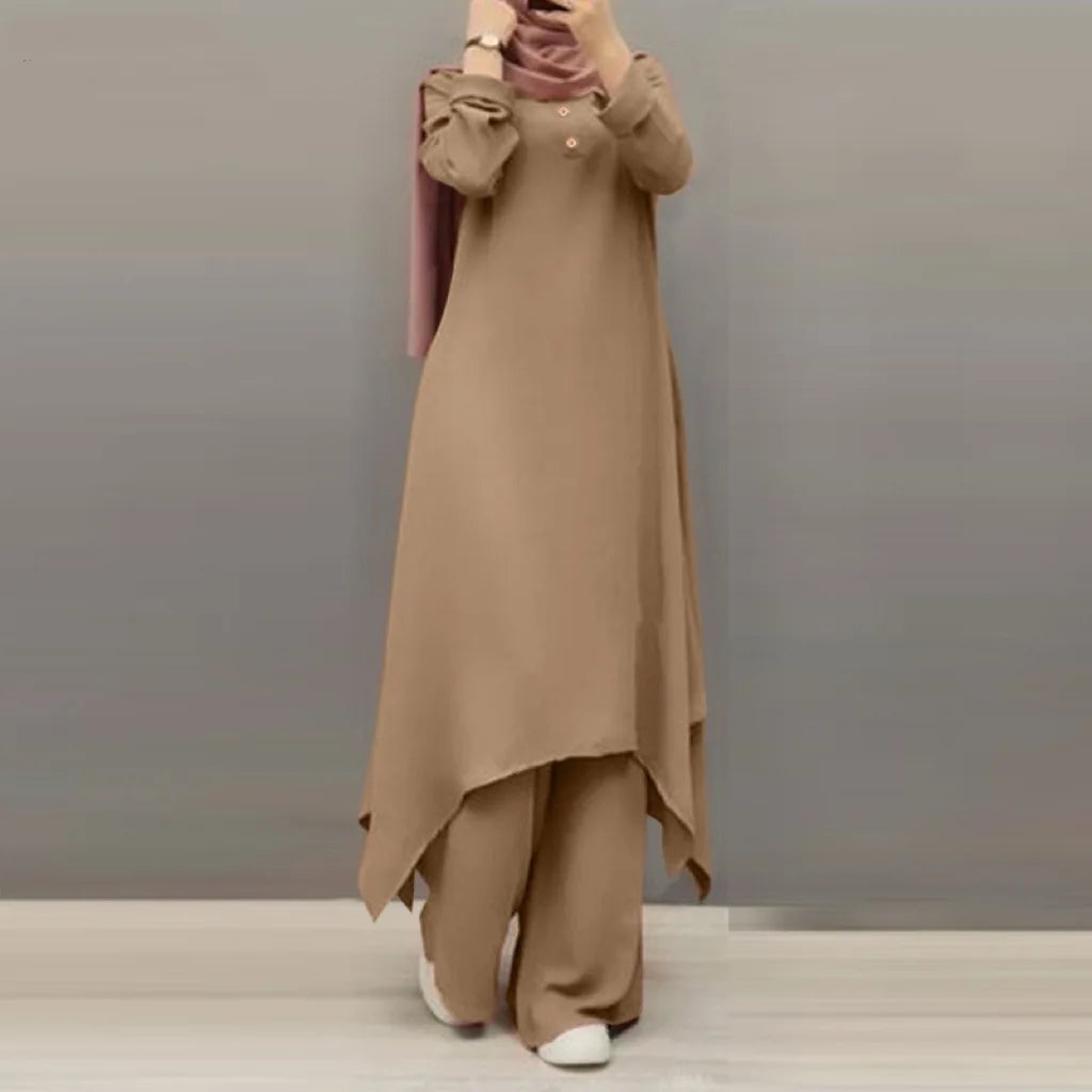 Eid Muslim Women Blouses Dress Wide Leg Pants Set 2 Piece Musulman Ensemble Dubai Casual Arab Ramadan Kaftan 2024 Outfit Suits