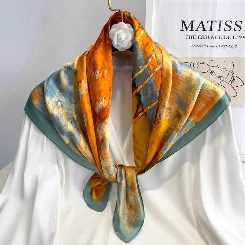 Handkerchiefs Hair Silk Scarf 70*70cm Print Satin Big Square Silk Scarves Shawls For Women Luxury Brand Designer Hijab Headband