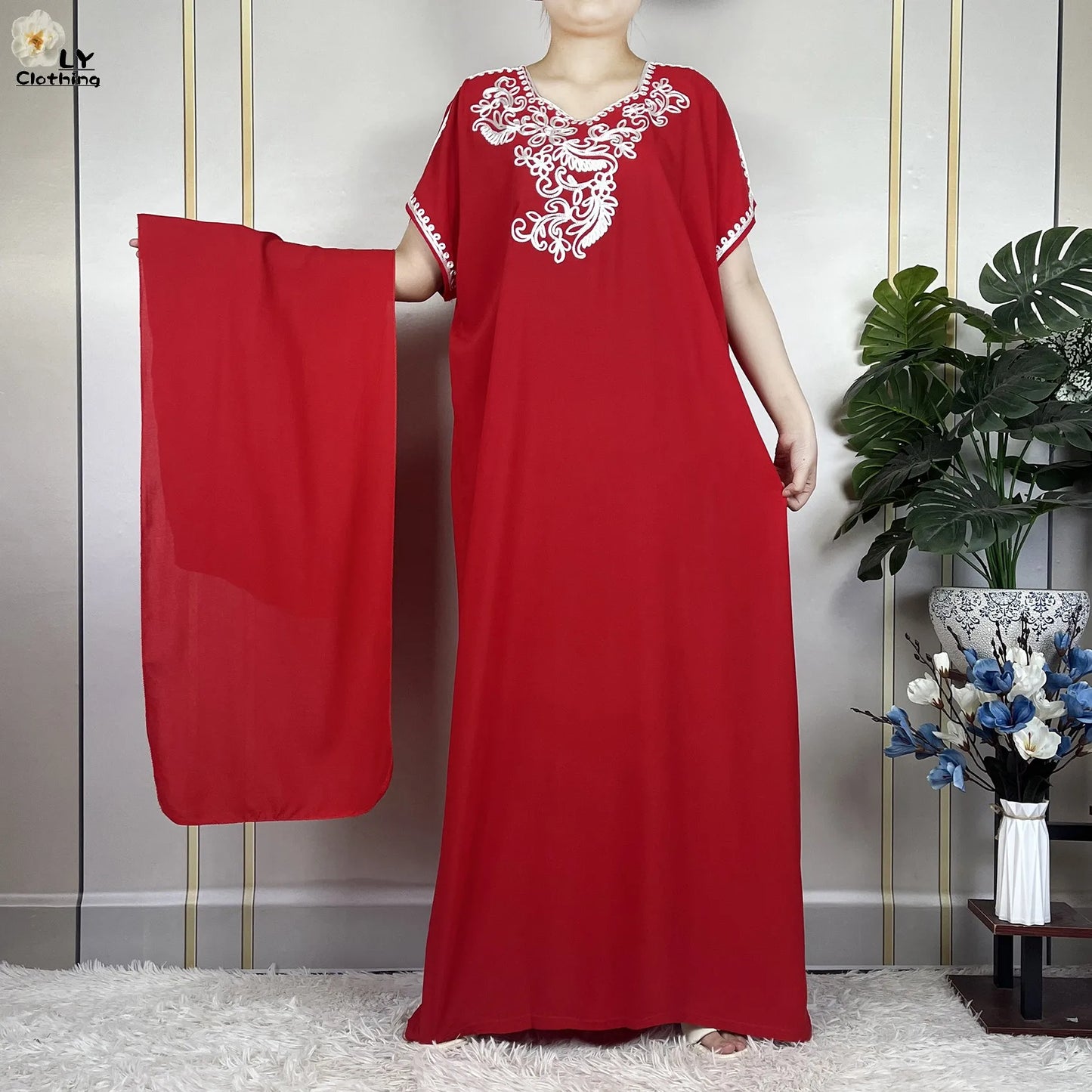 2023 African Abayas For Women Short Sleeve Summer Solid Color Loose Femme Robe Maxi Muslim Elegant Woman Dresses With Turban