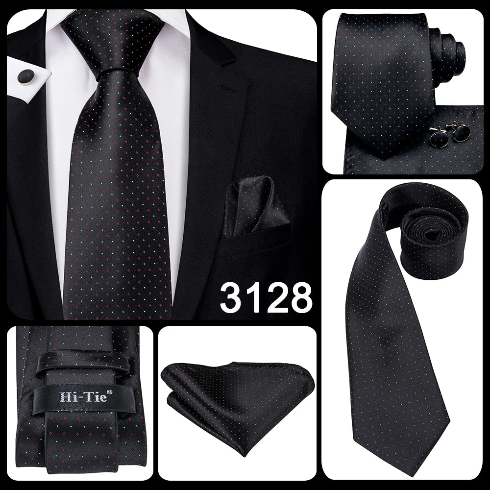 Hi-tie Design Black Solid Dot Silk Wedding Tie For Men Hanky Cufflink Gift Men Necktie Gravata Set Fashion Business Dropshipping