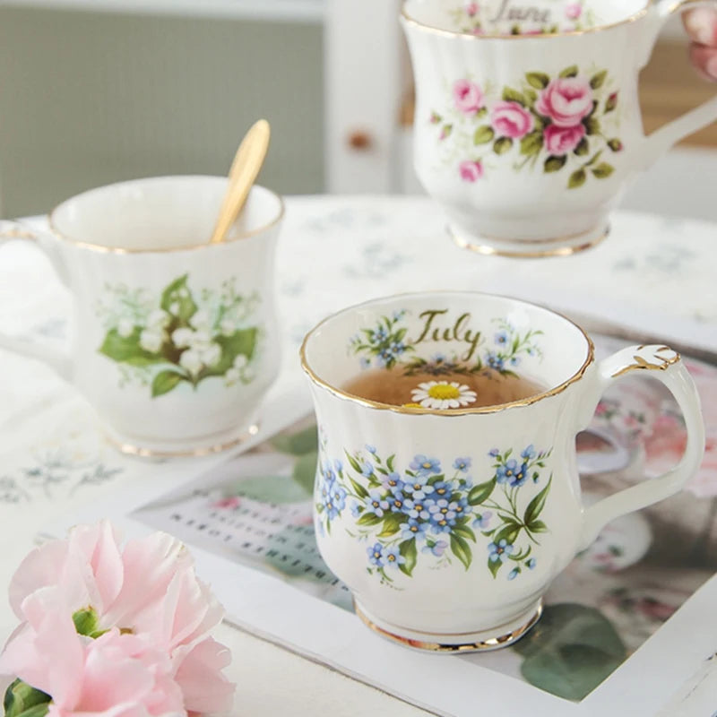 Retro Coffee Mug Ceramic Exquisite Seasonal Flower Printed Couple Cup Bone China Creative Gift Home Drinkware Breakfast Milk Mug