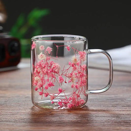 250ml Double Wall Glass Coffee Mug Dried Flowers Heat-Resistant Glasses Cup Flower Glass Mug Flower Decorated Coffee Cup tea cup