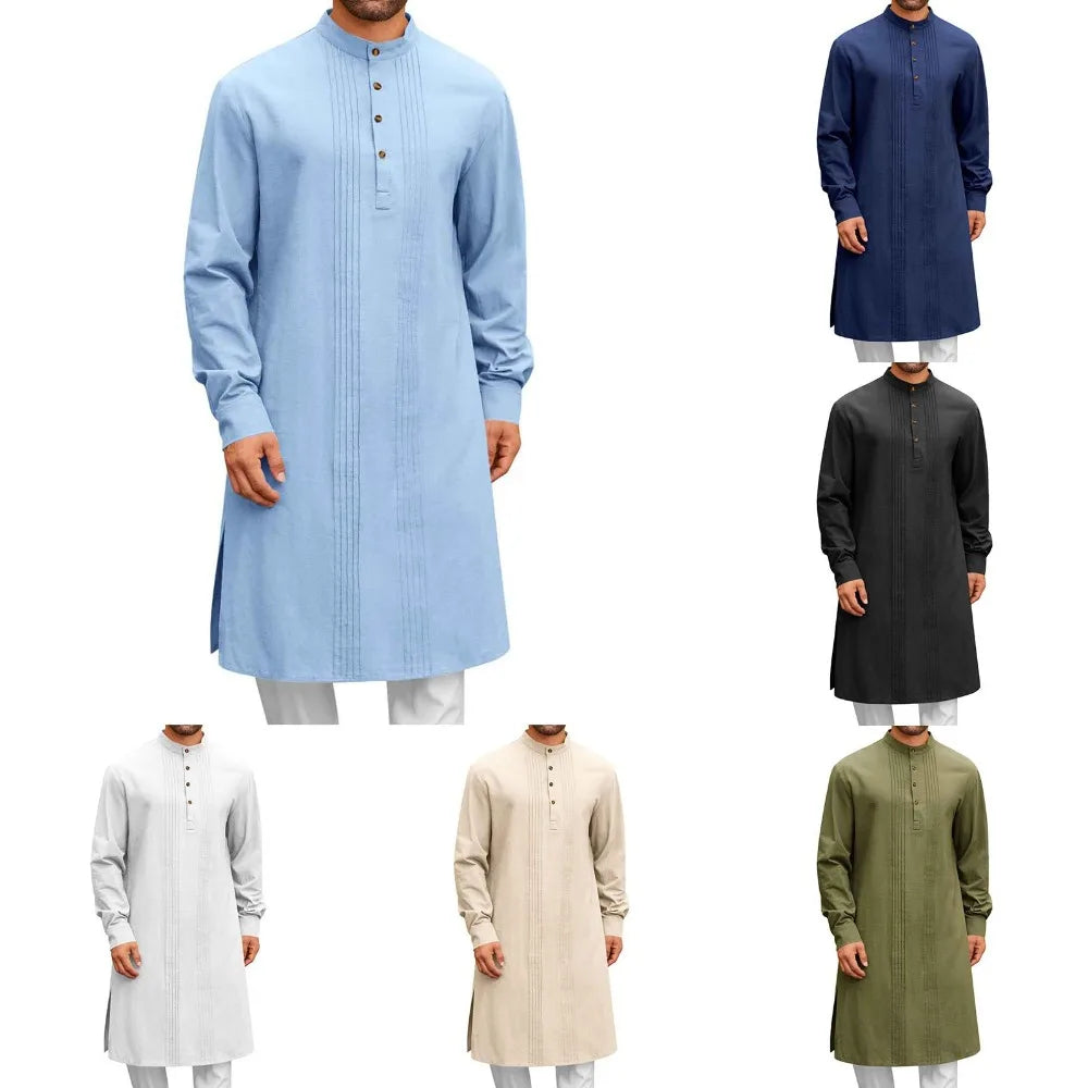 Men's Arabic Style Long Shirt - Minimalist Thobe Robe Shirt, Modern Traditional Muslim Wear for Casual & Prayer