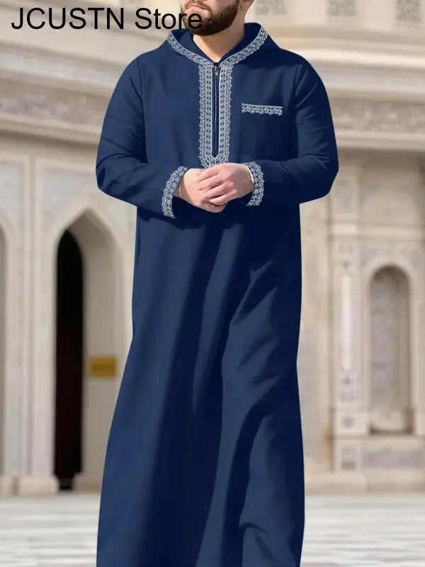 Muslim Men's Robes Hooded Embroidered Robes Arabic Thobe Ethnic Style Traditional Casual Thawb Islamic Prayer Clothes Moroccan