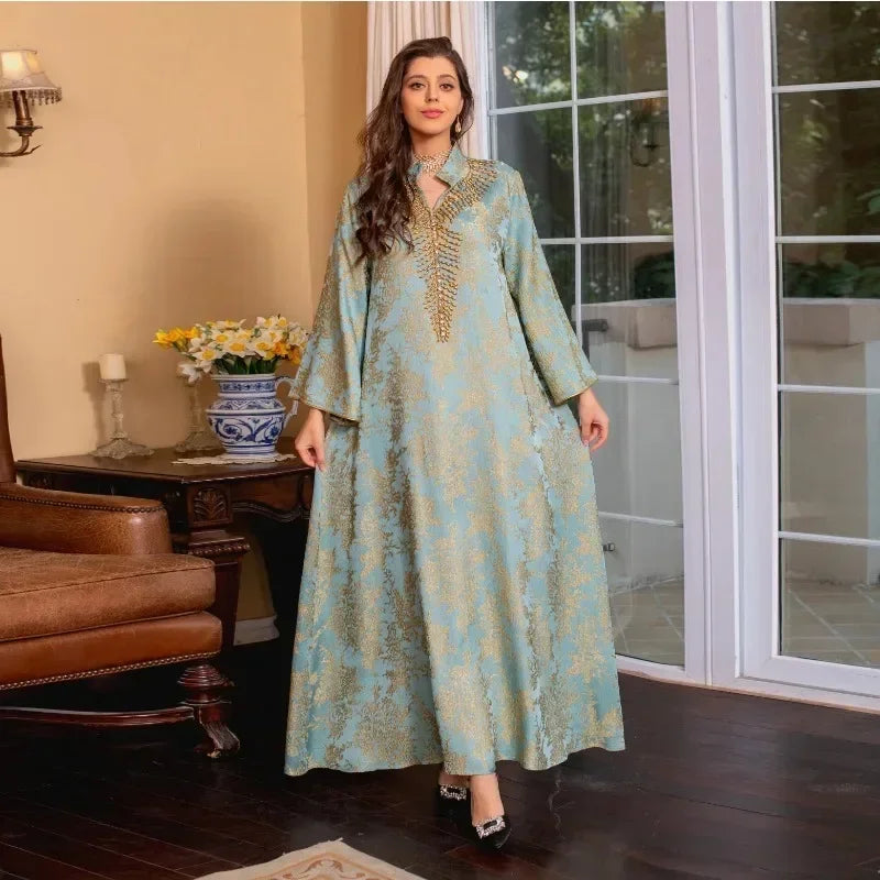 Eid Muslim Dress for Women Abaya Beading Stand Collar Jalabiya Morocco Party Dresses Abayas Kaftan Abaya Vestidos Arab Long Robe