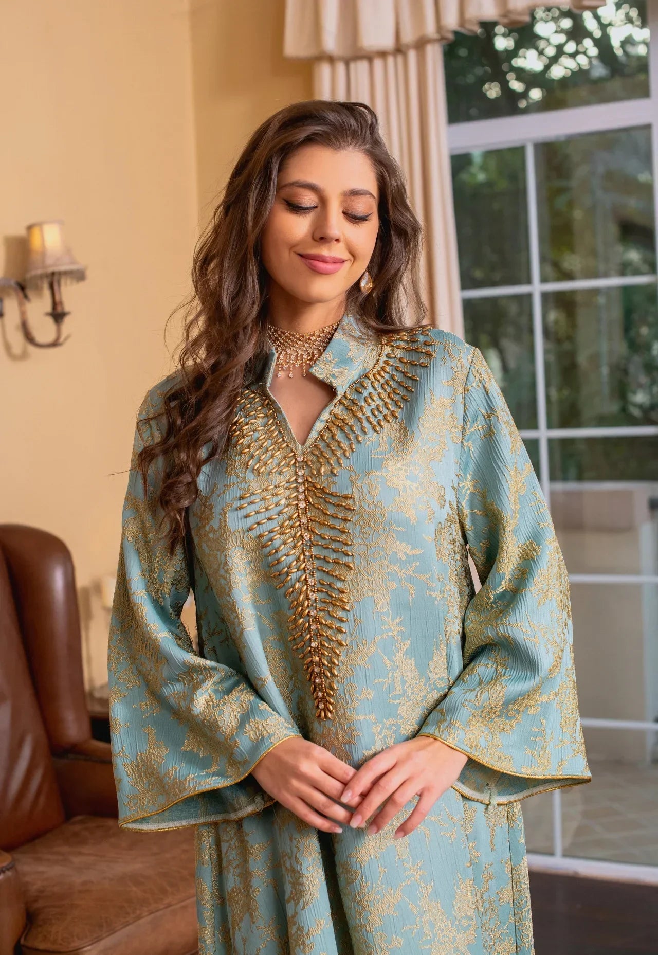 Eid Muslim Dress for Women Abaya Beading Stand Collar Jalabiya Morocco Party Dresses Abayas Kaftan Abaya Vestidos Arab Long Robe