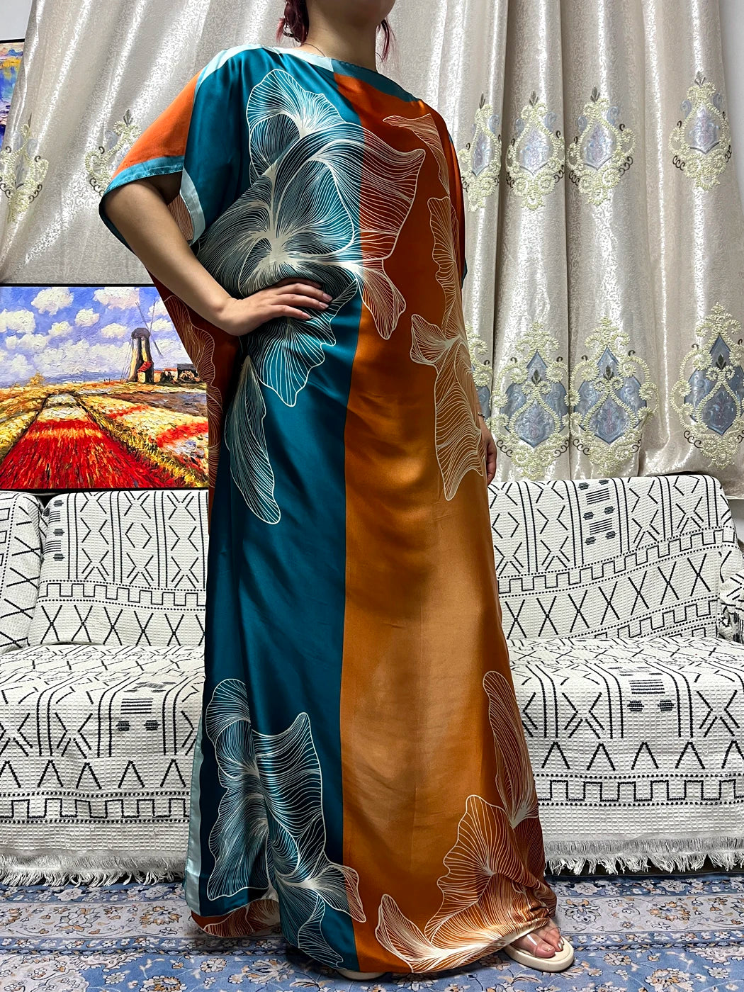 Abayas For Women 2023 Printed Silk Soft Loose Femme Robe Muslim Summer Fashion Clothing African Islam Woman Dresses With Turban
