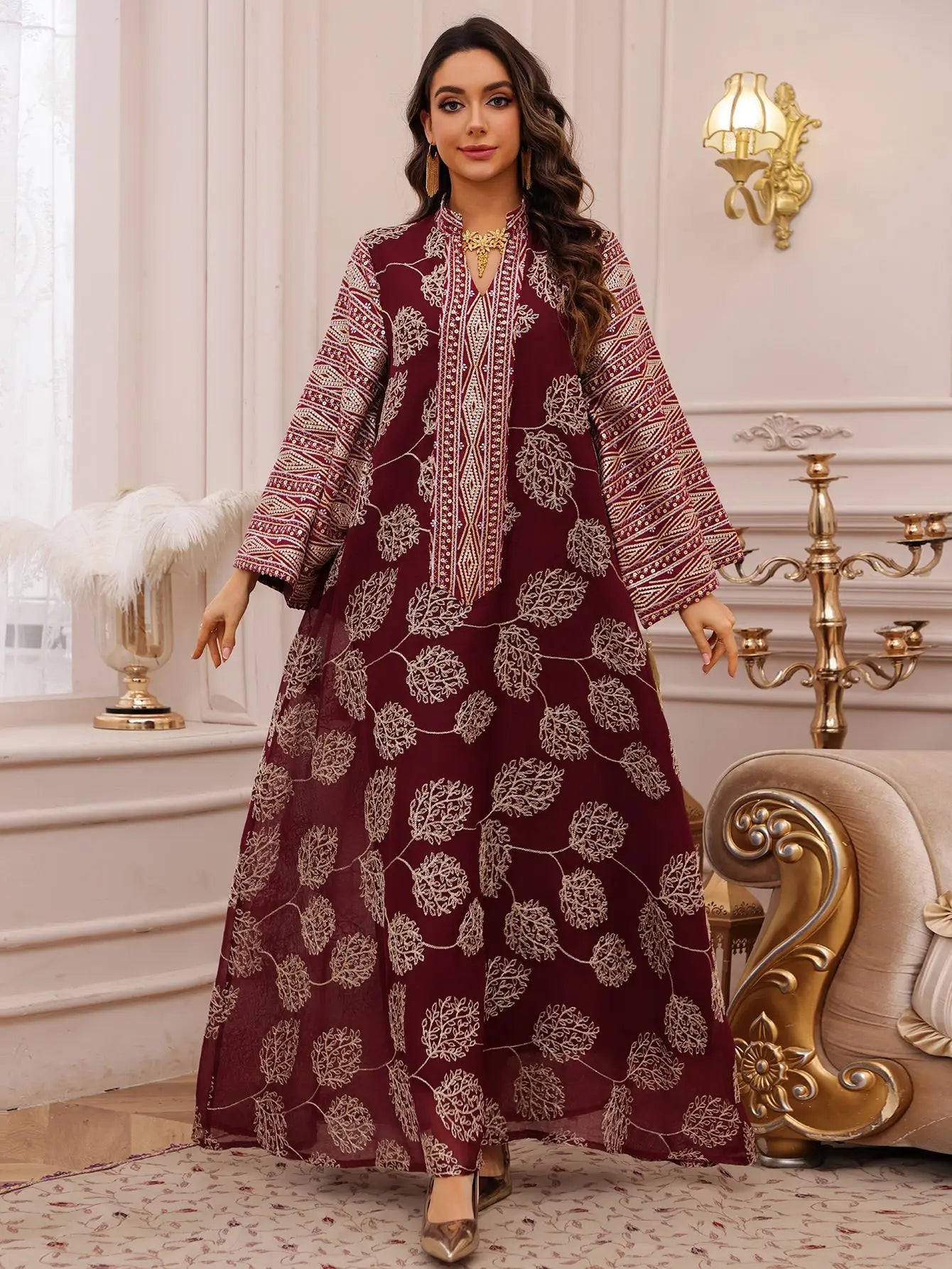 Elegant Light Green Abaya for Islamic Ladies Intricate Gold Embroidery and Tassel Accents Perfect for Festivities in Middle East