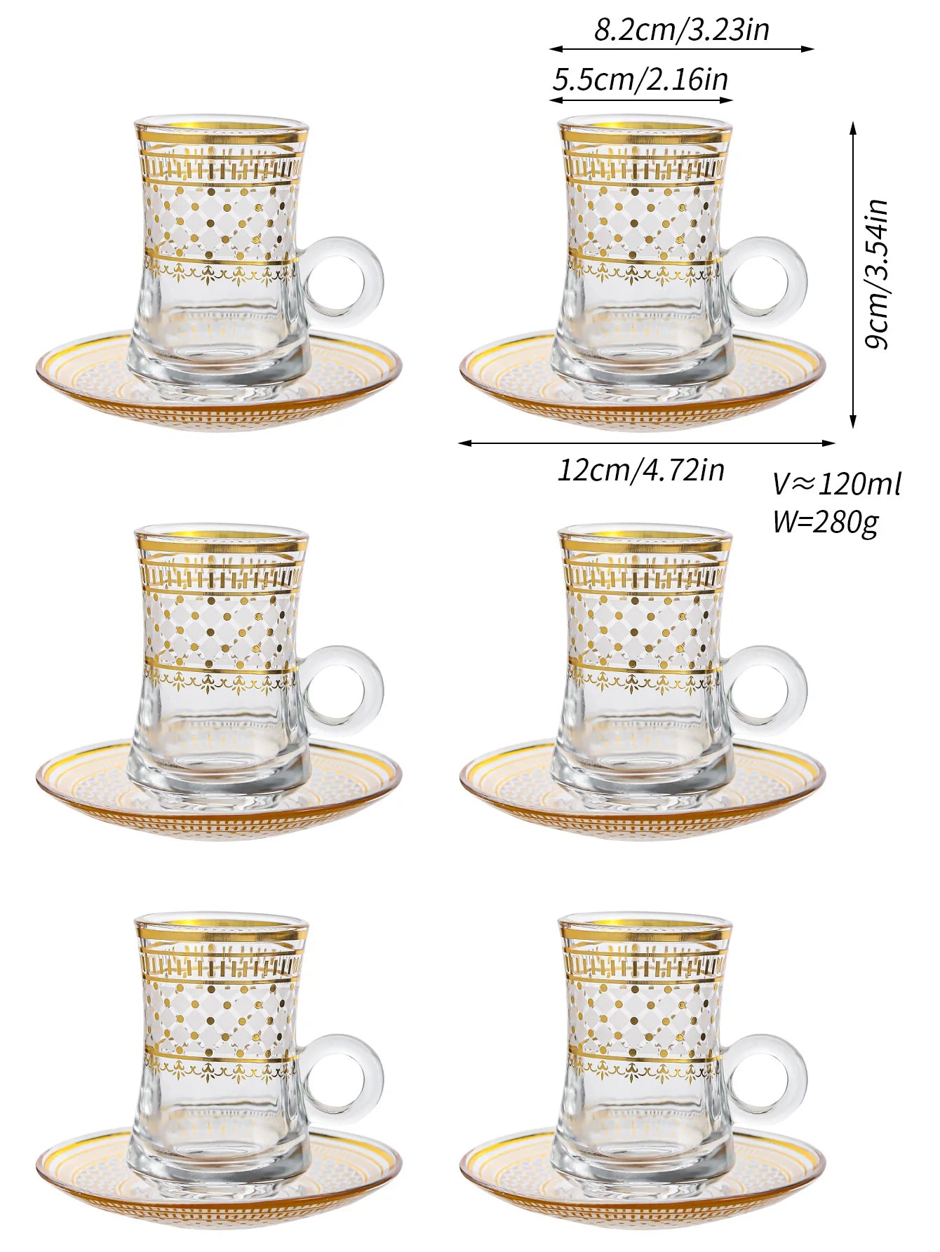6 Pack Creative Transparent Glass Mug Hot Gold Embossed Flower Glass Coffee Latte Mug
