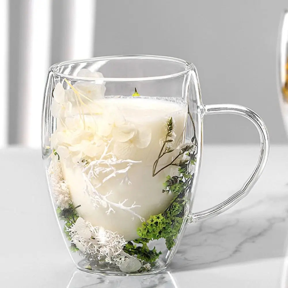 Dried Flowers Double Walled Coffee Mug 350ml Dried Flowers Glass Mugs Unique Creative Flower Mug with Handle Anti-Scalding Mug
