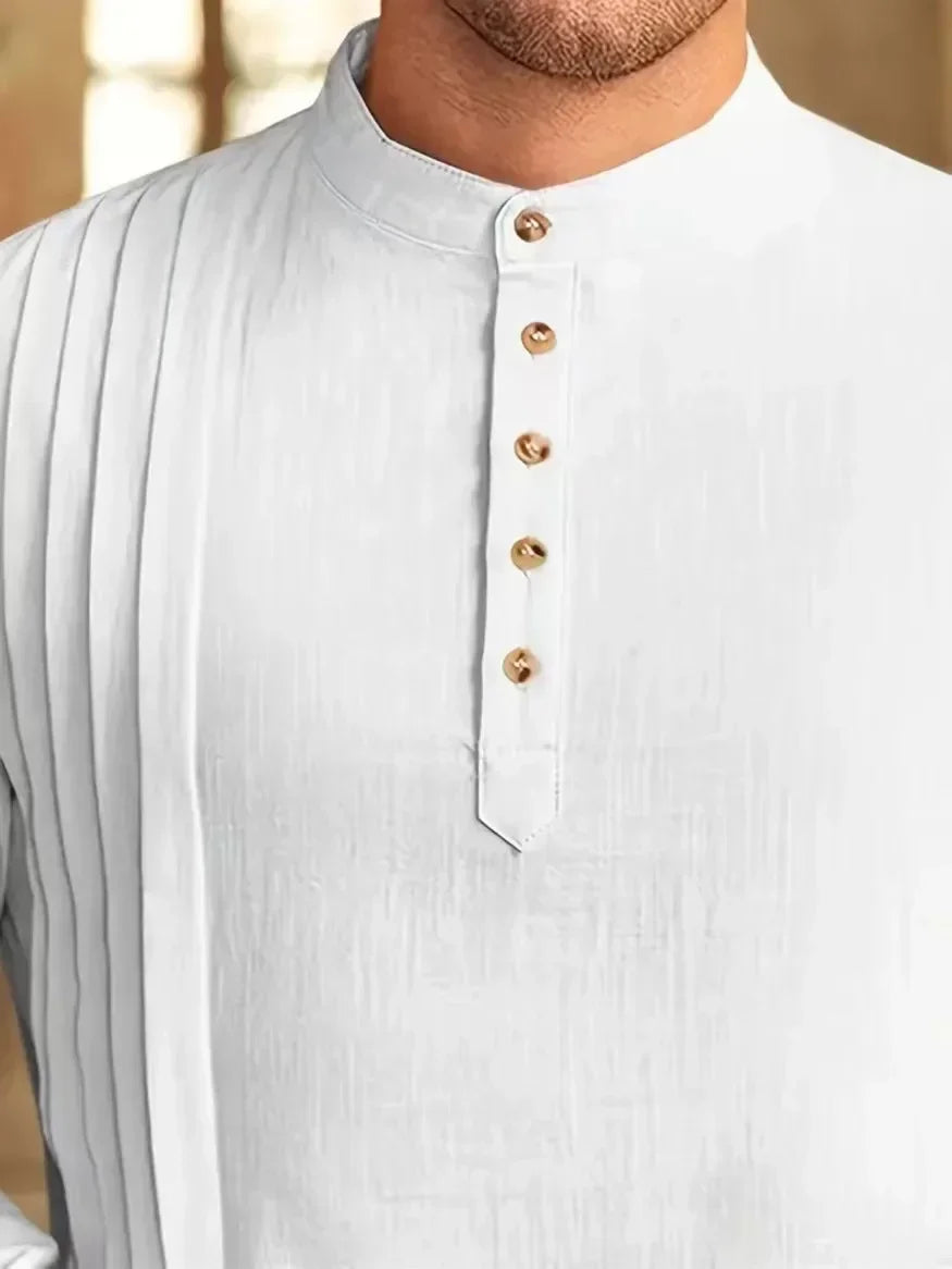 2025 New Muslim Middle East Arab Malaysia Men's Button Cotton Line Shirt Muslim Robe