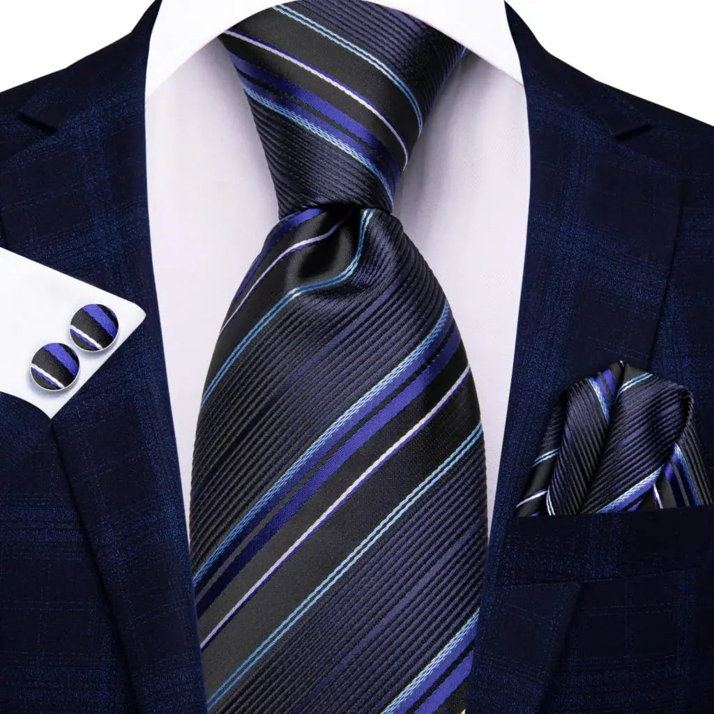Hi-Tie Men Fashion Striped Navy Blue Necktie Handkerchief Cufflinks for Tuxedo Accessory Classic Silk Luxury Tie for Man Gift