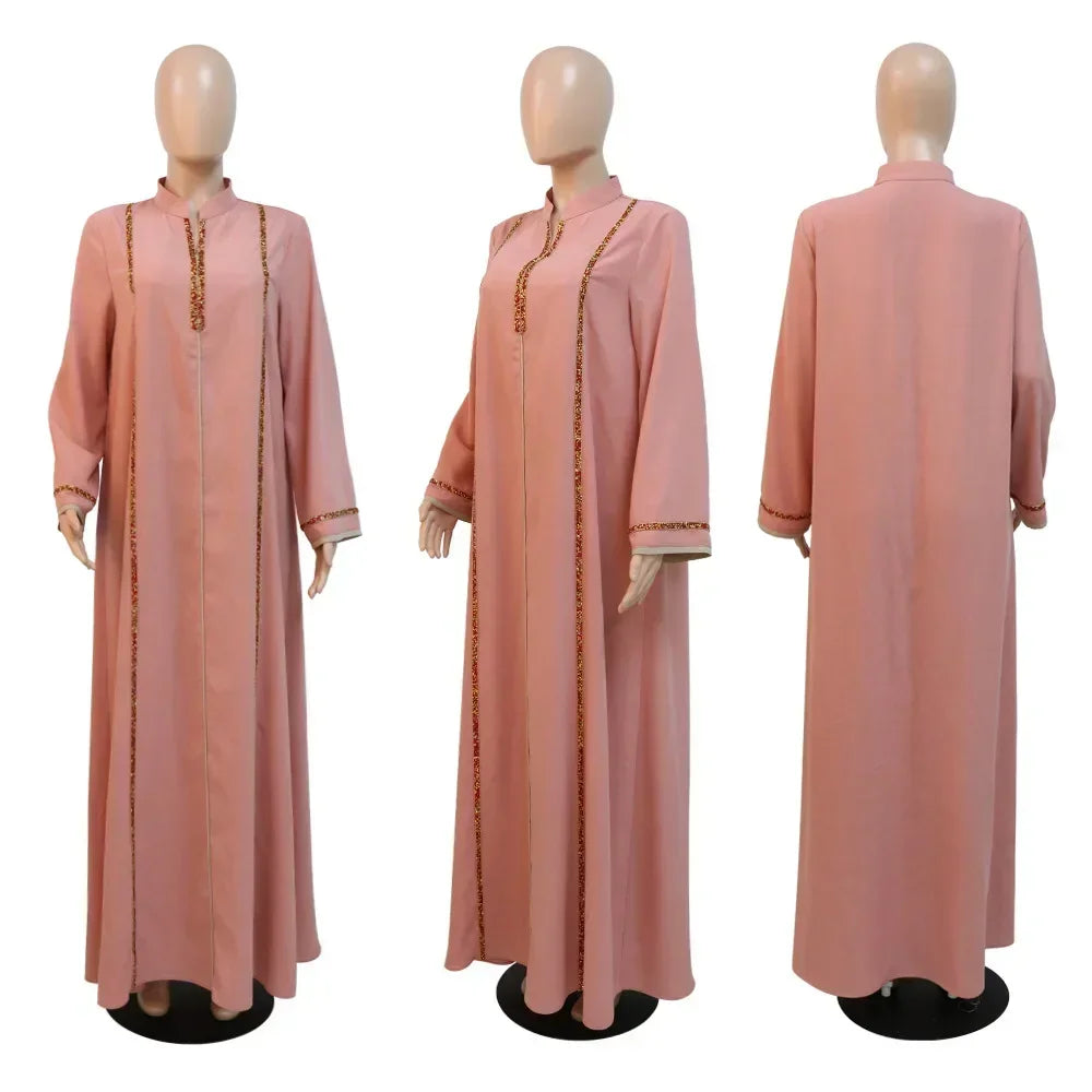 Ramadan Abaya Femme Musulmane Moroccan Kaftan for Woman Fashion Solid Diamonds Full Sleeve Loose Turkish Dubai Robe