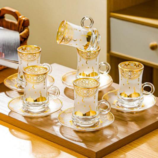 6 Pack Creative Transparent Glass Mug Hot Gold Embossed Flower Glass Coffee Latte Mug