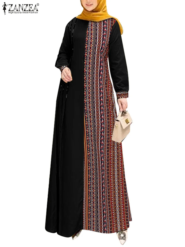 ZANZEA Women Ethnic Printed Panels Maxi Dress Long Sleeve Hijab O Neck Muslim Islamic Patchwork Vestidos Loose Casual Abaya Robe
