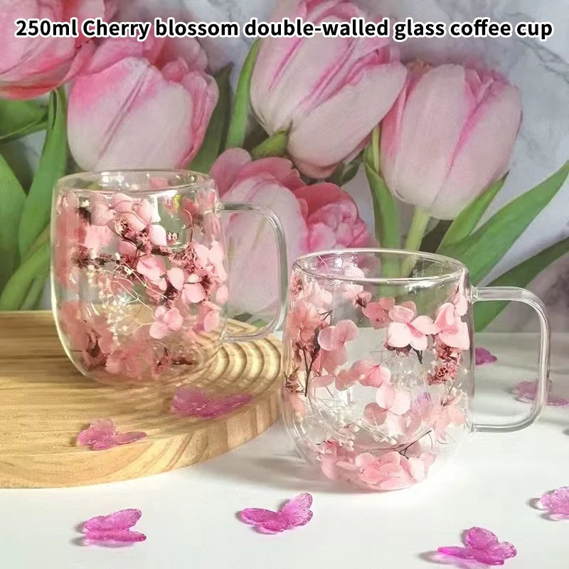 1pc Double-walled Glass Coffee Mug With A Real Flower Design Inside, Suitable For Coffee, Milk, And Other Beverages.