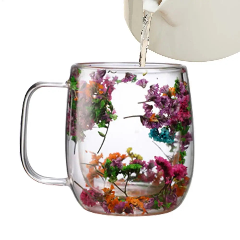 Coffee Mug Double Wall Dried Flower Cup for Coffee Glass Beverage Glasses Tea Mug for Tea Cappuccino Cold Drink flower glass