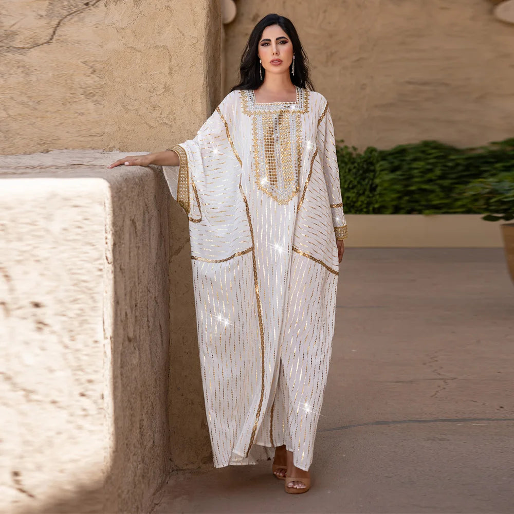 Uni Muslim Women's Gold Sequins Abaya Dress 2025 Bat Sleeve Kaftan Jalabiya for Ramadan Eid Party Islamic Evening Wear