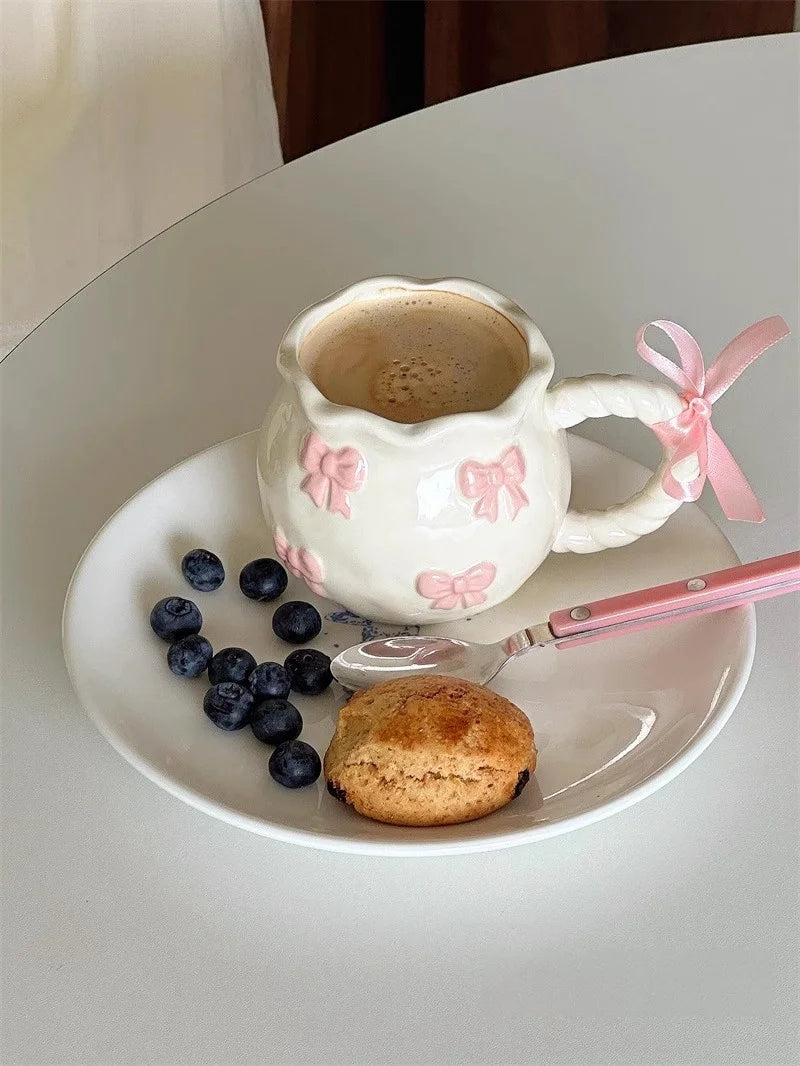 Cute Bow Thickened Ceramic Cup Hand Bow Irregular Mug Cups Coffee Milk Drinks Cup