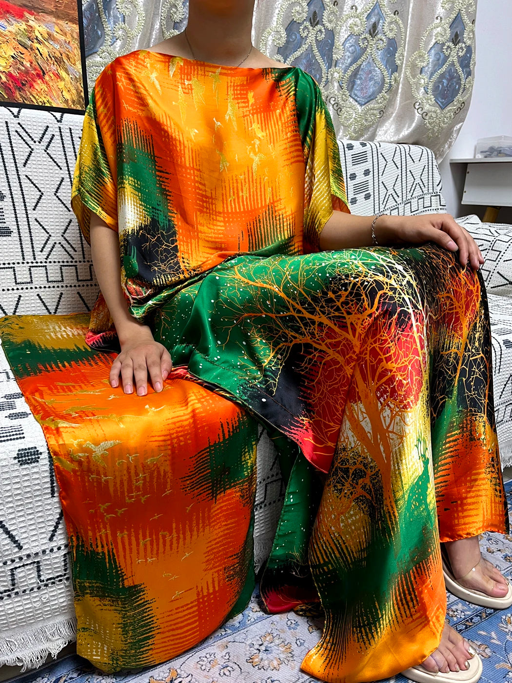 Abayas For Women 2023 Printed Silk Soft Loose Femme Robe Muslim Summer Fashion Clothing African Islam Woman Dresses With Turban
