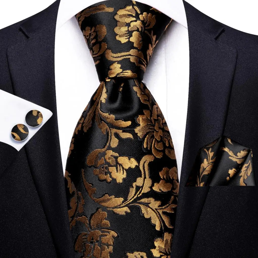 Hi-Tie Psialey Black Gold Silk Elegant Tie For Men Groom Wedding Men Necktie Pocket Square Cufflink Accessory Wholesale Designer