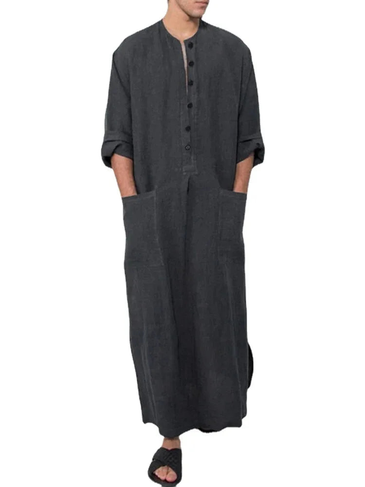 New Arrival Button Muslim Jubba Thobe For Men Islam Kaftan Abaya Pakistan Saudi Arabia Djellaba Long Sleeve Loose Dress MY950
