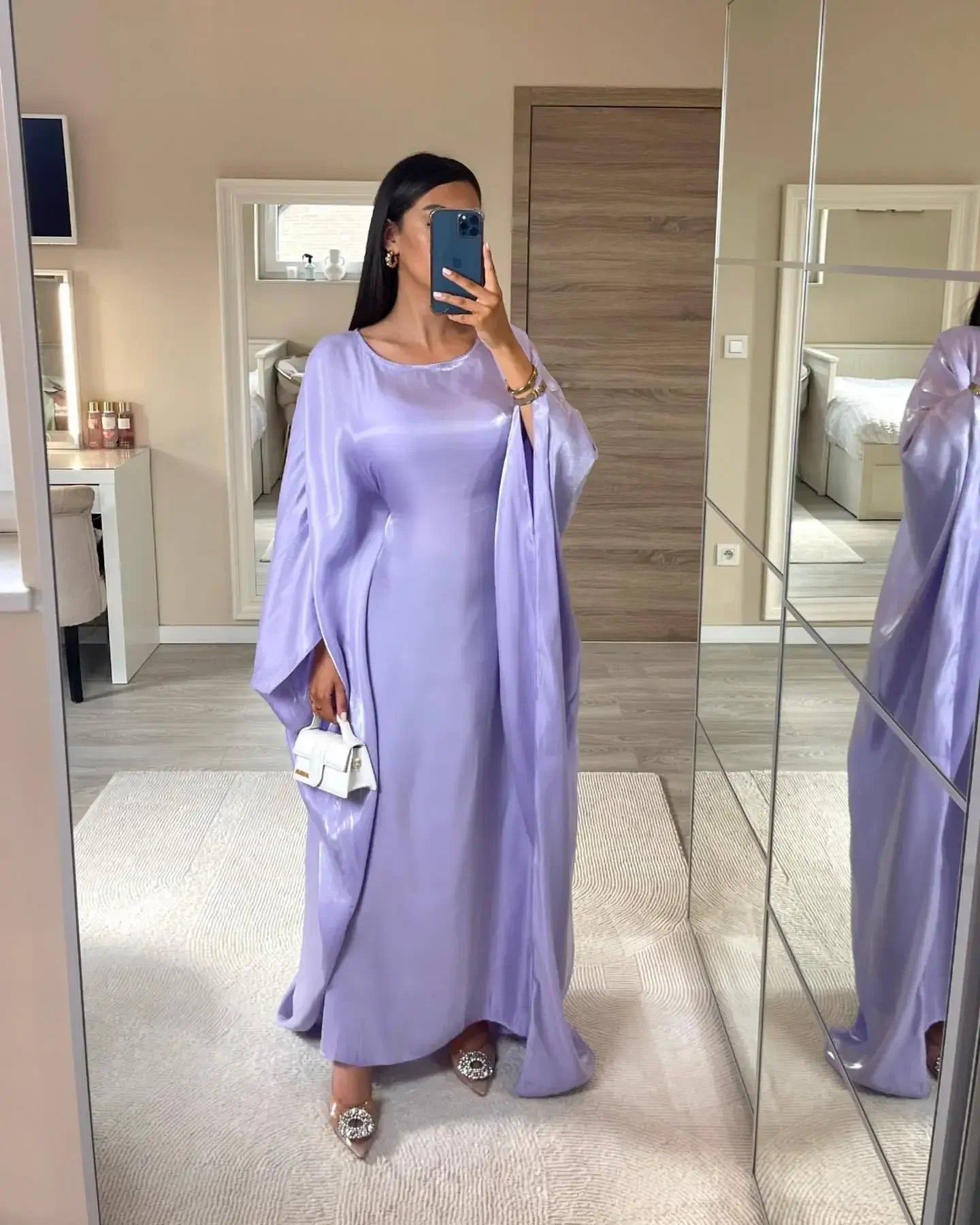 Ramadan Summer Batwing Sleeve Satin Butterfly Abaya Islam Muslim Maxi Dress Kebaya Women Kaftan Robe Musulmane Femme Vestidos