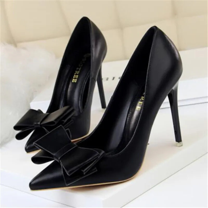2025 Fashion Delicate Sweet Bowknot High Heel Shoes Side Hollow Pointed Women Pumps Pointed Toe 10.5CM thin Dress Shoes