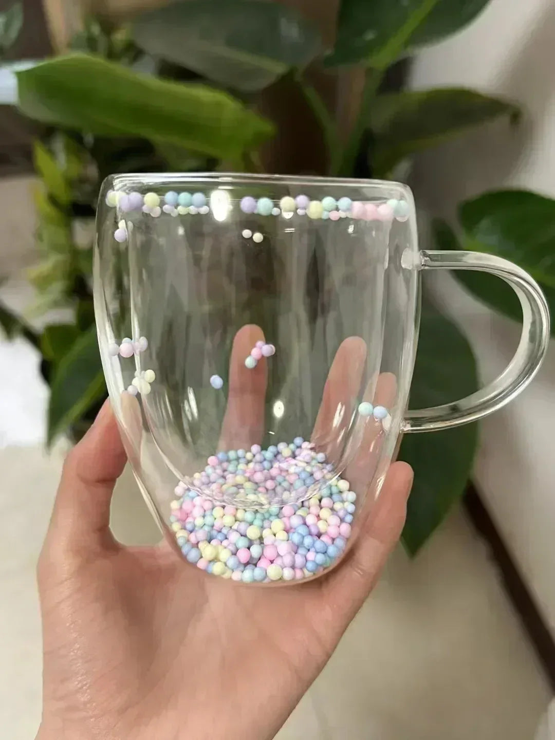 350ml Double Wall Glass Coffee Mug with Handles Clear Milk Cups Gifts Glass Cup Fill Artificial Simulation Flowers Teacup Gift