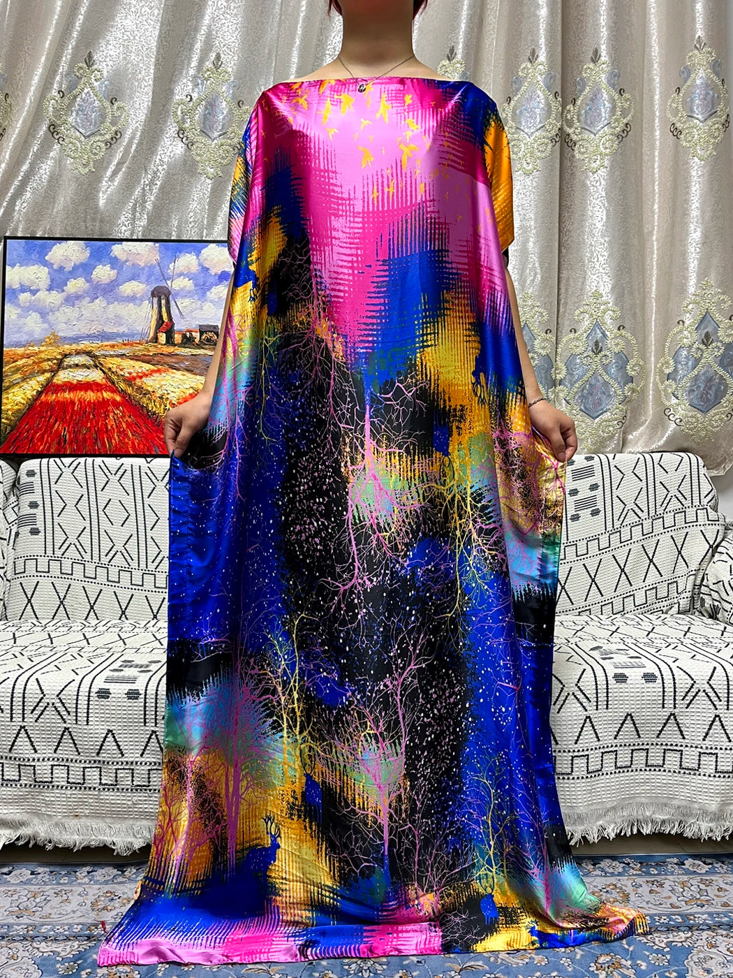 Abayas For Women 2023 Printed Silk Soft Loose Femme Robe Muslim Summer Fashion Clothing African Islam Woman Dresses With Turban