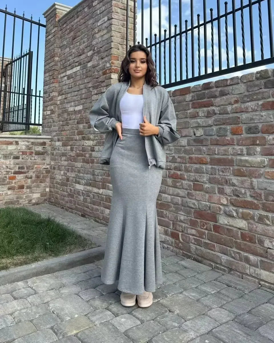 Women 2 Piece Set Coat Long Skirt Suit Zipper Jacket Morocco Dubai Islam Casual Ensemble Muslim Femme 2025 Skirts Outfits