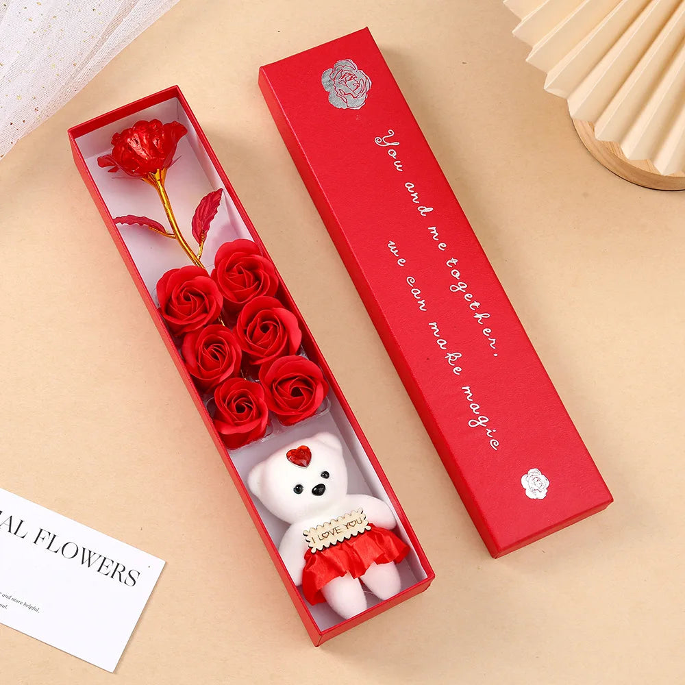 6Heads Flowers Soap Flower Gift Rose Box Valentines Day Gift Bears Bouquet Wedding Decoration Gift Festival Heart-shaped Box