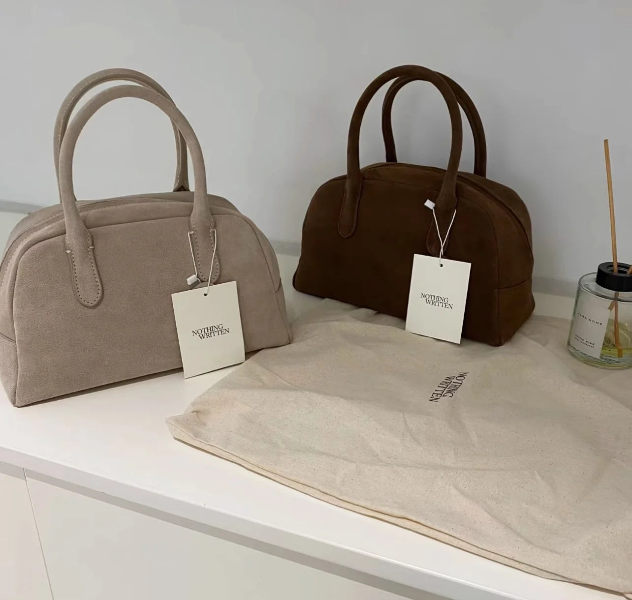 Nothingwritten Suede Leather Bowling Bag Handheld Boston Bag Women's Handbag Korean Sle Hard Handle Canvas  Zipper Cl...