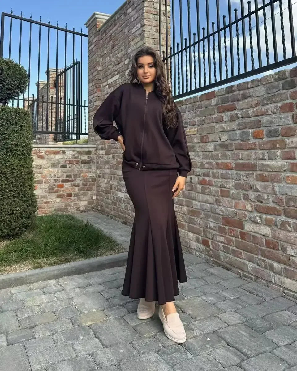 Women 2 Piece Set Coat Long Skirt Suit Zipper Jacket Morocco Dubai Islam Casual Ensemble Muslim Femme 2025 Skirts Outfits
