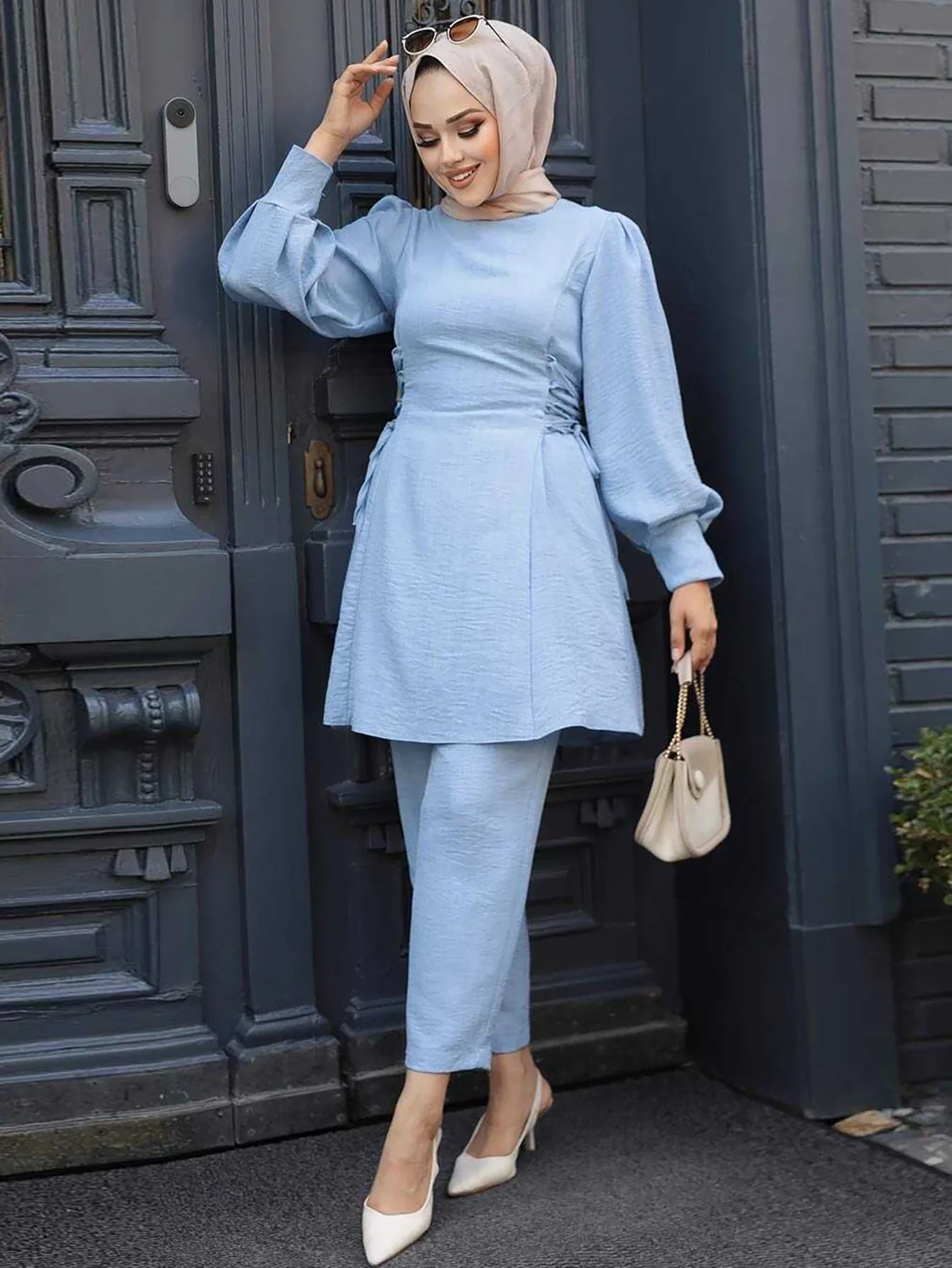 Muslim Women 2 Piece Set Women Lace Up Long Top Shirt Straight Pants Suit Ramadan Morocco Dubai  Ensemble Trousers Arabic Outfit