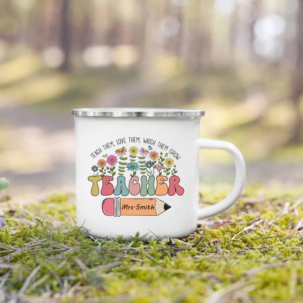 Personlised Mug Creative Coffee Cups Teacher Life Drinks Water Enamel Cup Handle Drinkware Teacher's Day Thanks Gift for Teacher