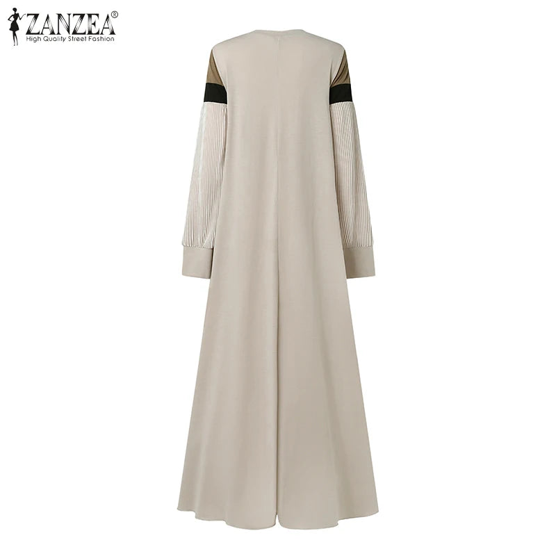 Fashion Autumn Long Sleeve Pleated Sundress 2024 ZANZEA Muslim Abaya Robe Femmme Women Patchwork Maxi Dresses Casual Vestidos