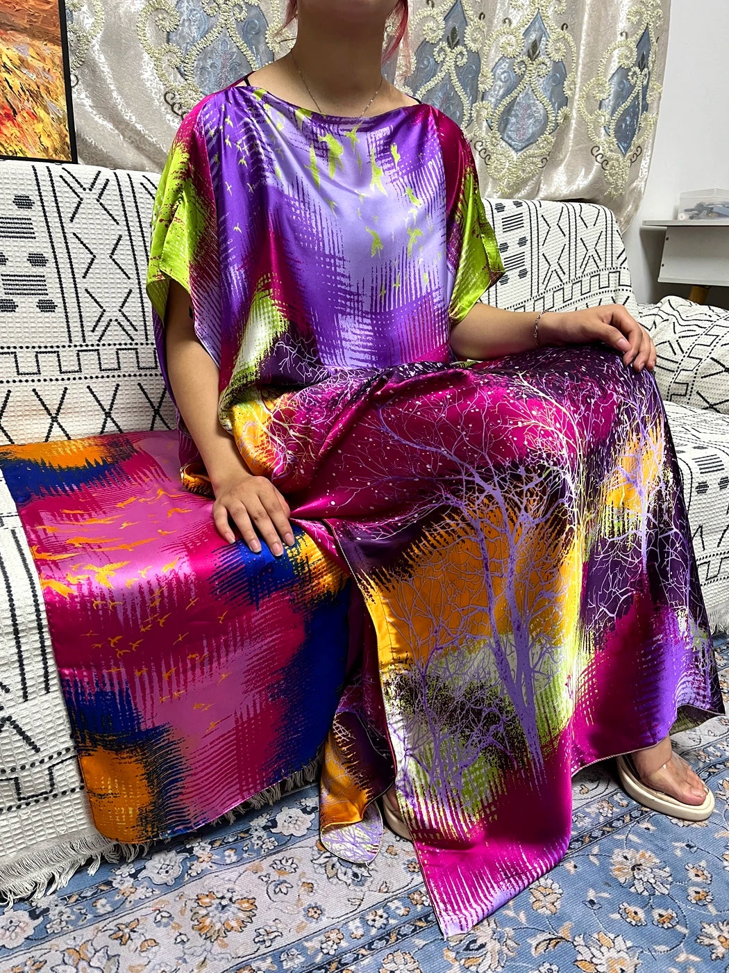 Abayas For Women 2023 Printed Silk Soft Loose Femme Robe Muslim Summer Fashion Clothing African Islam Woman Dresses With Turban