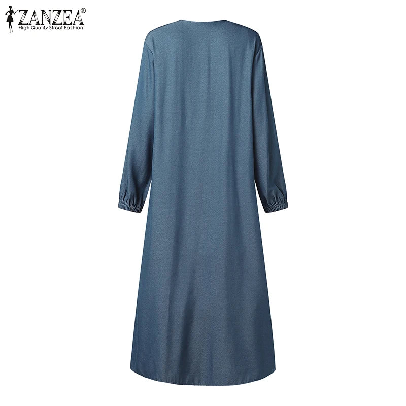 ZANZEA Ramadan Hijab Dresses Muslim Abaya Robe Femme Casual Long Sleeve Kaftan IsIamic Vestidos Women Denim Blue Maxi Dress 2025