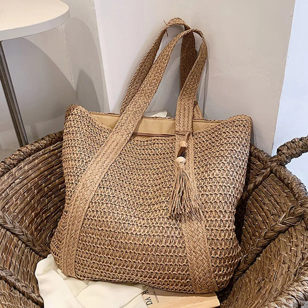 Straw Bag for Women Handmade Woven Shoulder Bag Large Capacity Tote Bags with Pendant Armpit Bag Top-handle Handbag Purse