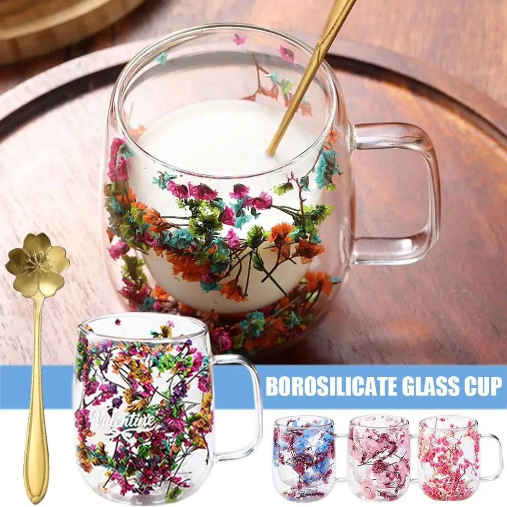 Double Walled Glass Mugs Double Wall Dried Flower Cup For Coffee Heat Resistant Dried Flower Double Wall Glass Mug For Cold
